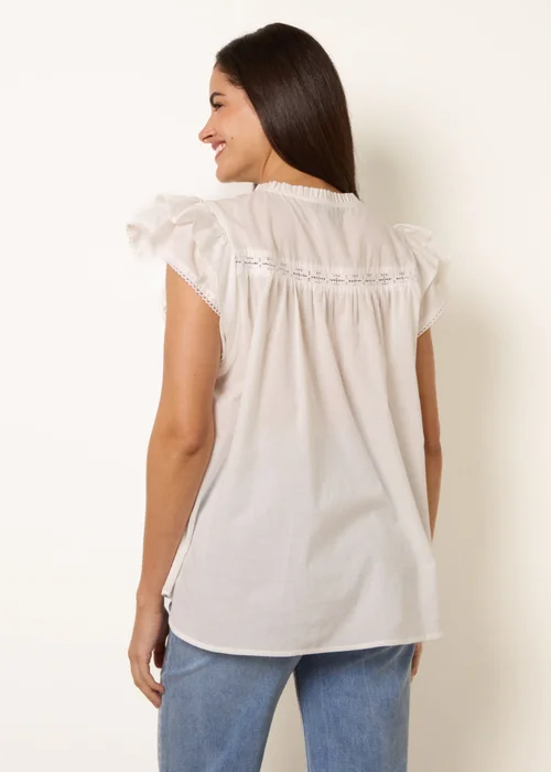 Blue Vanilla Ivory Cotton Embroidery Detail Ruffle Sleeve Top - S Image 4