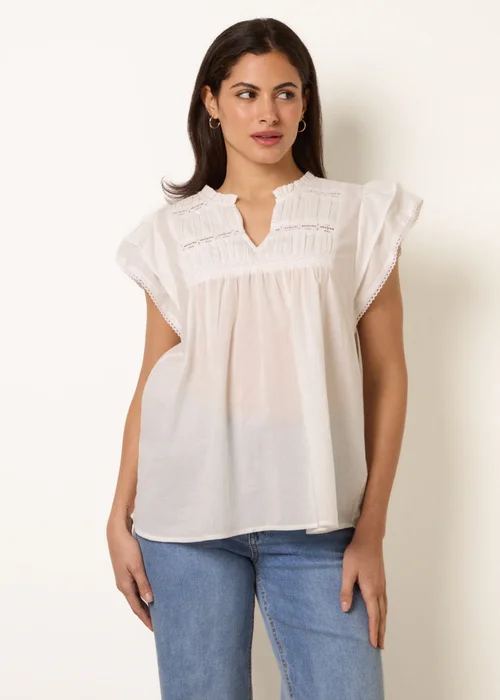Blue Vanilla Ivory Cotton Embroidery Detail Ruffle Sleeve Top - S Image 1