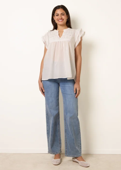Blue Vanilla Ivory Cotton Embroidery Detail Ruffle Sleeve Top - S Image 3