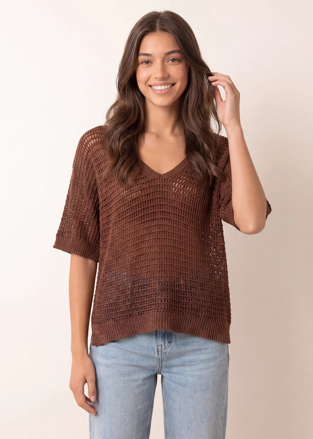Blue Vanilla Brown Metallic Crochet V Neck Top - One Size Image 1
