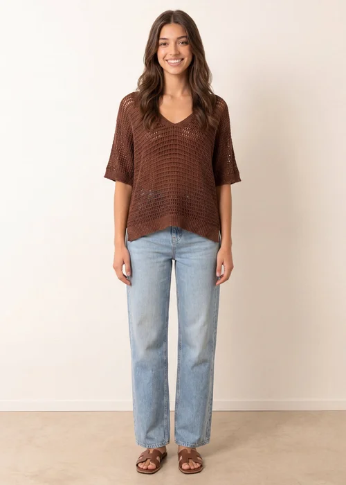 Blue Vanilla Brown Metallic Crochet V Neck Top - One Size Image 2