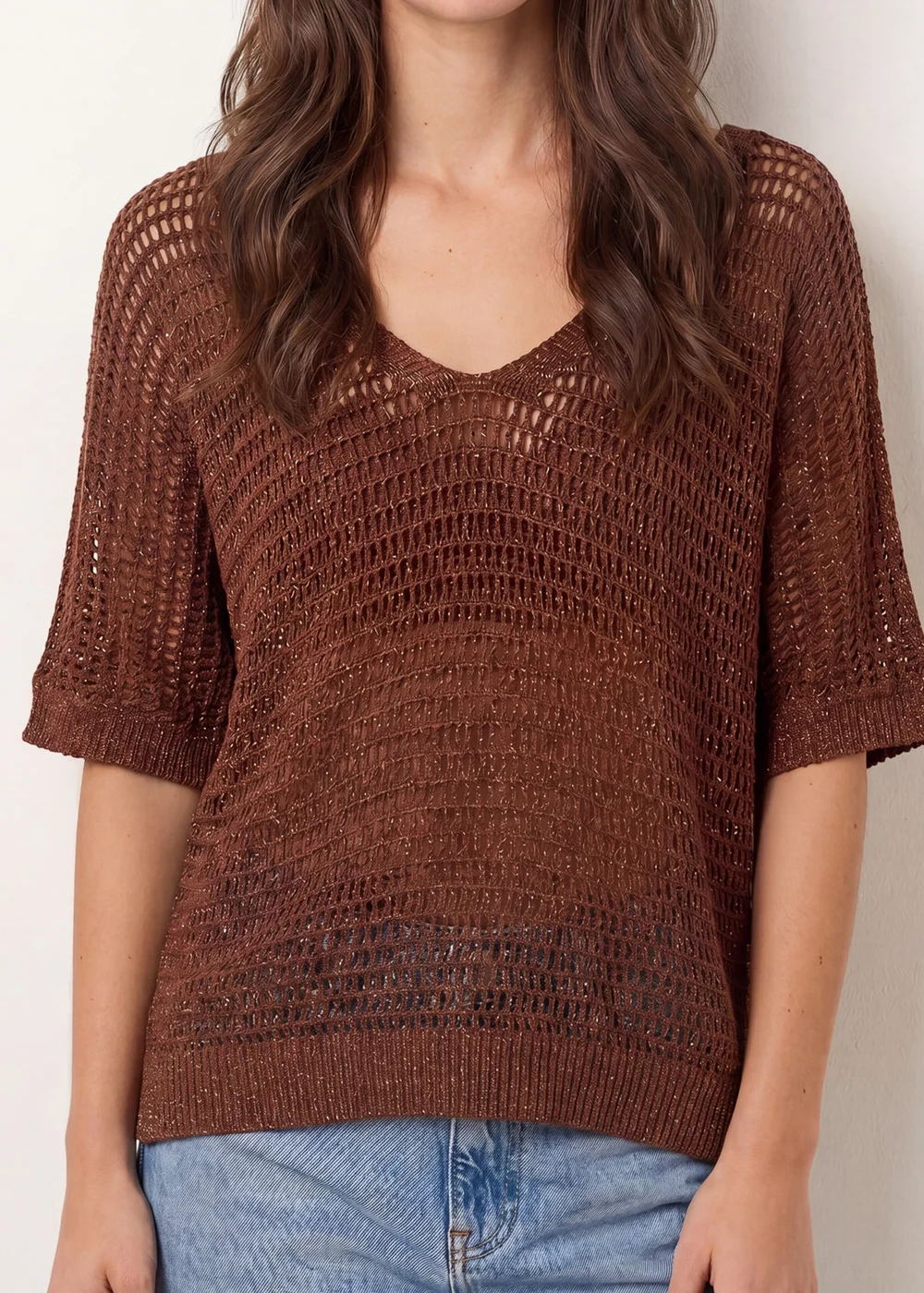 Blue Vanilla Brown Metallic Crochet V Neck Top - One Size Image 3