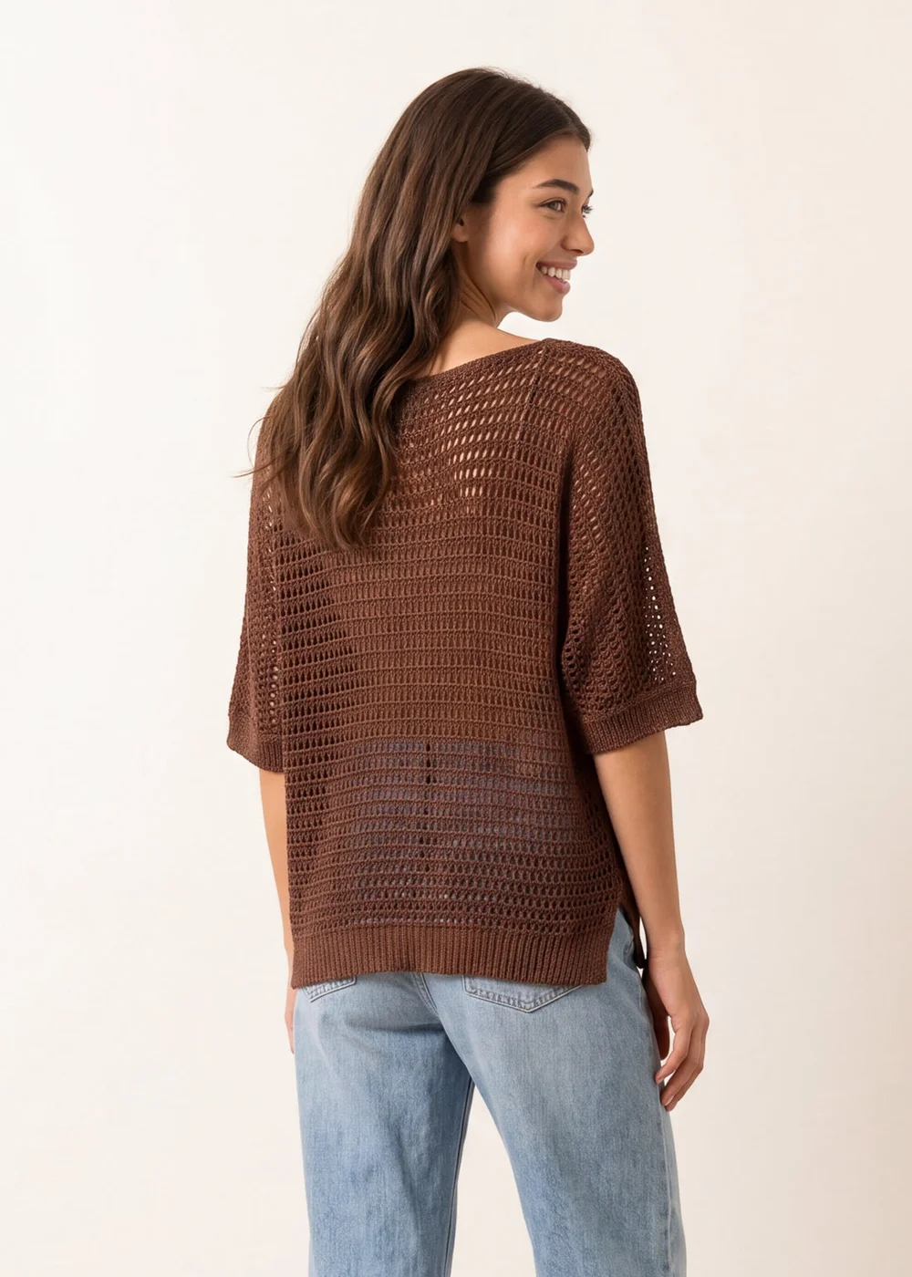 Blue Vanilla Brown Metallic Crochet V Neck Top - One Size Image 4
