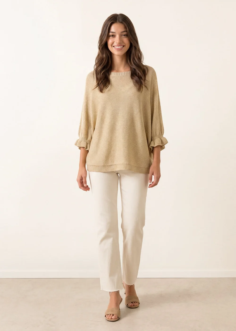 Blue Vanilla Beige Frill Sleeve Metallic Top - One Size Image 2