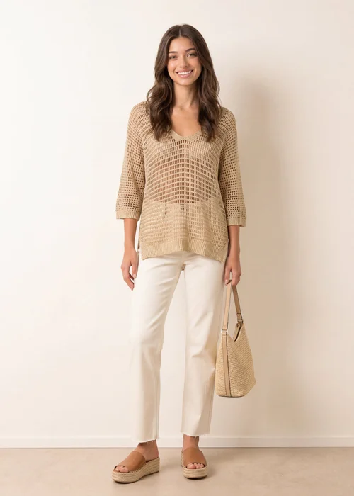 Blue Vanilla Gold Metallic Crochet V Neck Top - One Size Image 1