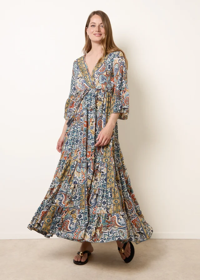 Blue Vanilla Multi Wrap Over Tiered Art Silk Dress