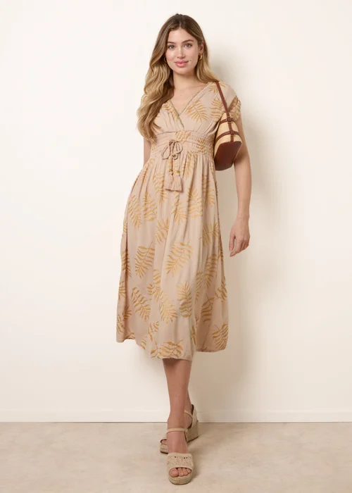 Blue Vanilla Beige Wrap Front Beaded Dress - L Image 3