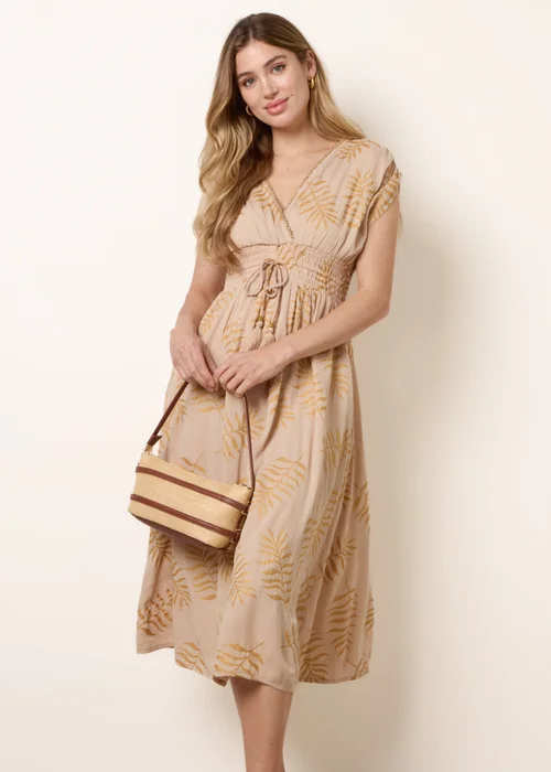 Blue Vanilla Beige Wrap Front Beaded Dress - L Image 1