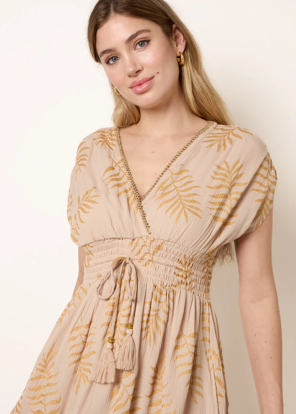 Blue Vanilla Beige Wrap Front Beaded Dress - L Image 2