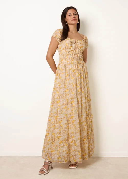 Blue Vanilla Yellow Double Front Tie Shirred Ditsy Floral Maxi Dress - S Image 3
