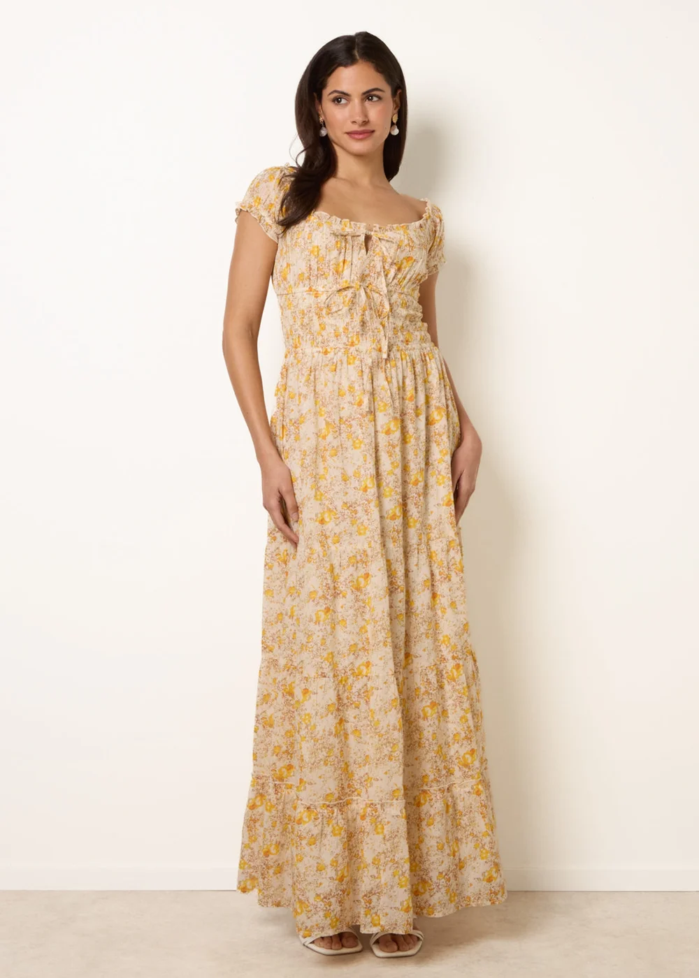Blue Vanilla Yellow Double Front Tie Shirred Ditsy Floral Maxi Dress - S Image 1