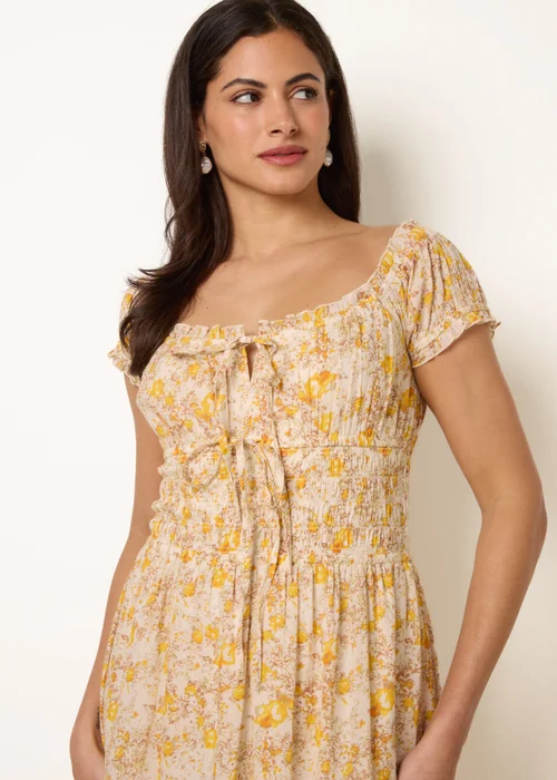 Blue Vanilla Yellow Double Front Tie Shirred Ditsy Floral Maxi Dress - S Image 2