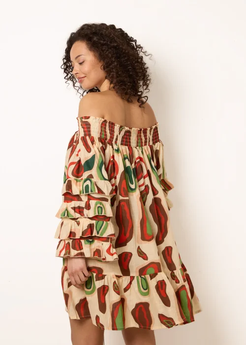 Blue Vanilla Multi Printed Frill Sleeve Bardot Off Shoulder Tunic Dress - One Size Image 4