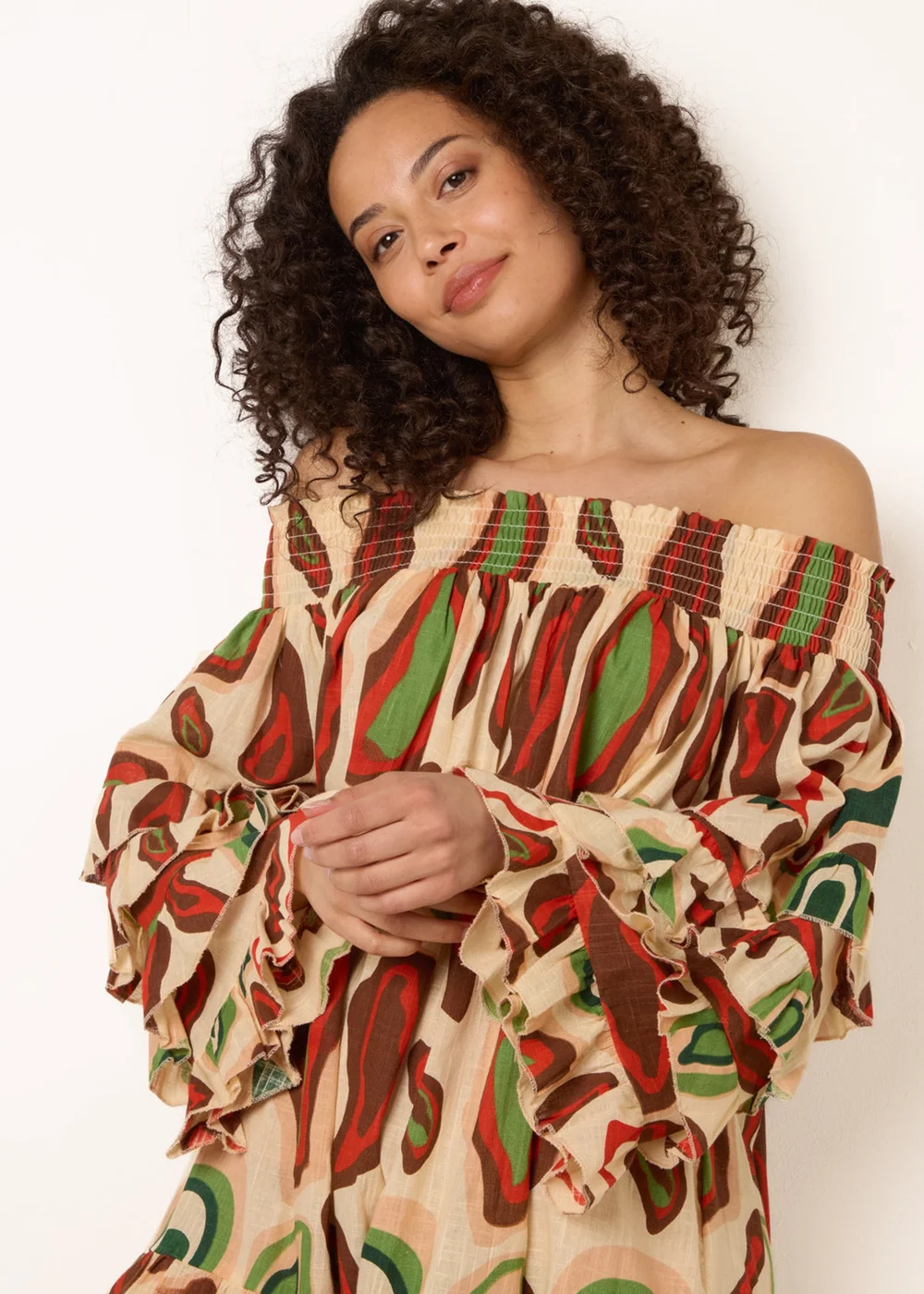 Blue Vanilla Multi Printed Frill Sleeve Bardot Off Shoulder Tunic Dress - One Size Image 3