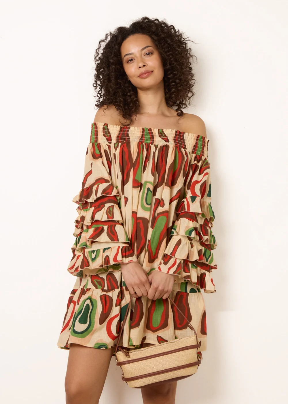Blue Vanilla Multi Printed Frill Sleeve Bardot Off Shoulder Tunic Dress - One Size Image 1