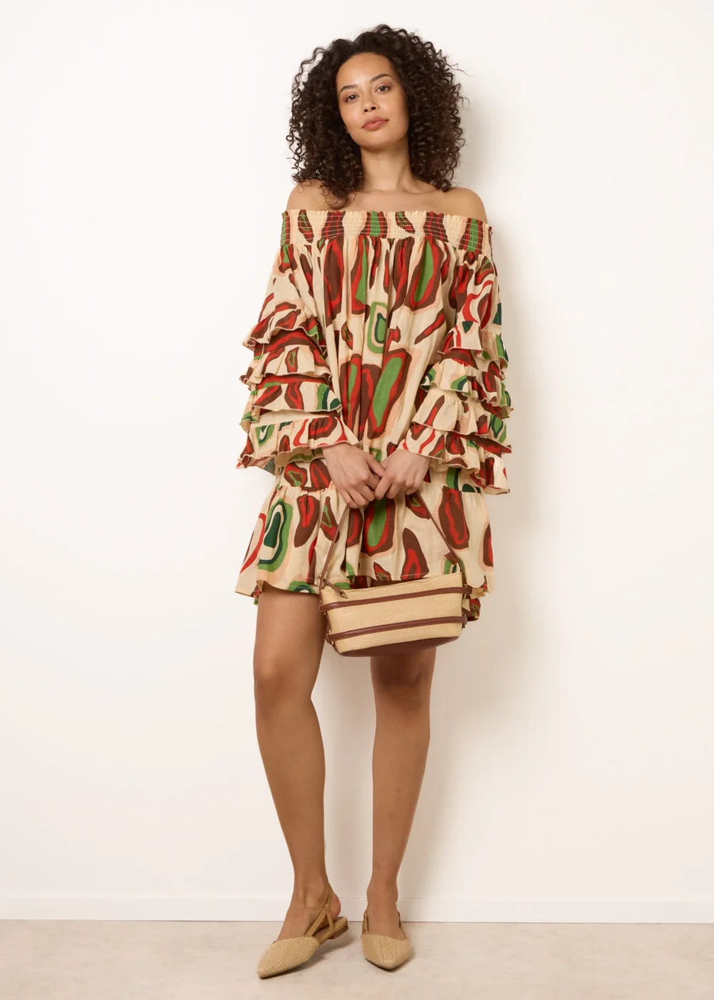 Blue Vanilla Multi Printed Frill Sleeve Bardot Off Shoulder Tunic Dress - One Size Image 2