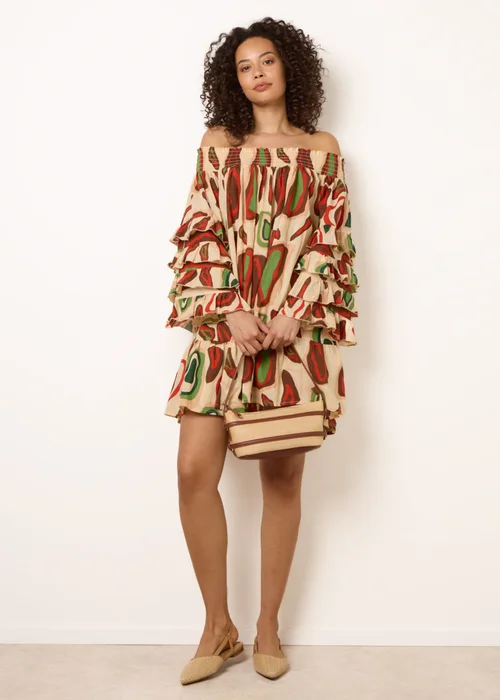 Blue Vanilla Multi Printed Frill Sleeve Bardot Off Shoulder Tunic Dress - One Size Image 2