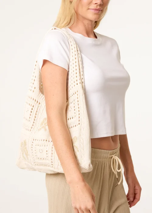 Blue Vanilla Beige Metallic Crochet Knit Bag - One Size Image 2