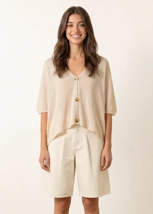 Blue Vanilla Beige Thin Knit Button Front Boxy Cardigan - One Size Image 2