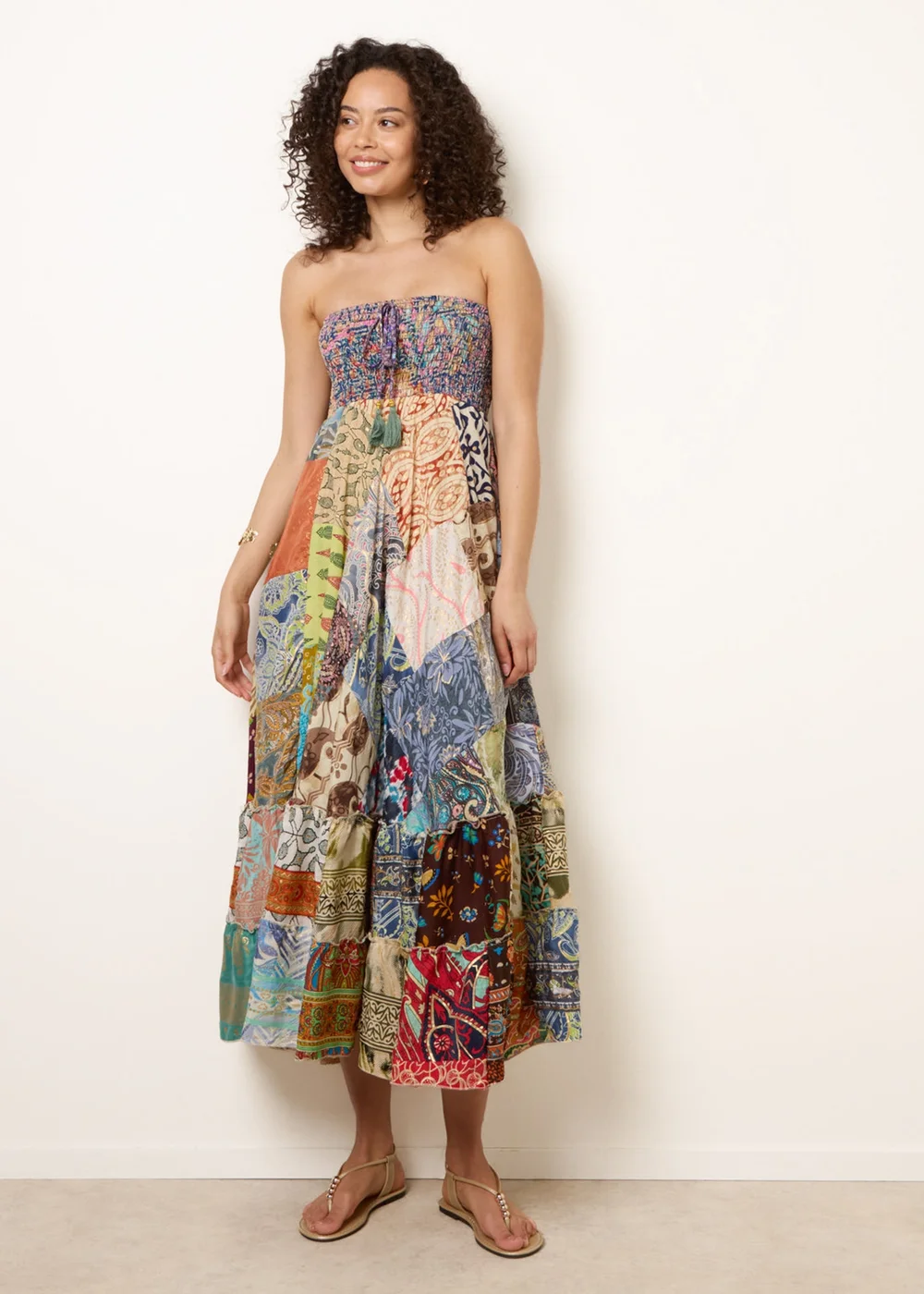Blue Vanilla Multi Shirred Patchwork Art Bandeau Dress - One Size Image 3
