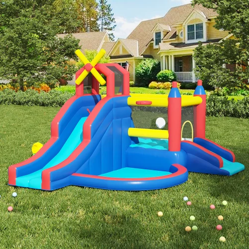 Kidkid Kids Inflatable Bouncy Castle with Double Slide & Basketball Hoop - One Size Image 1