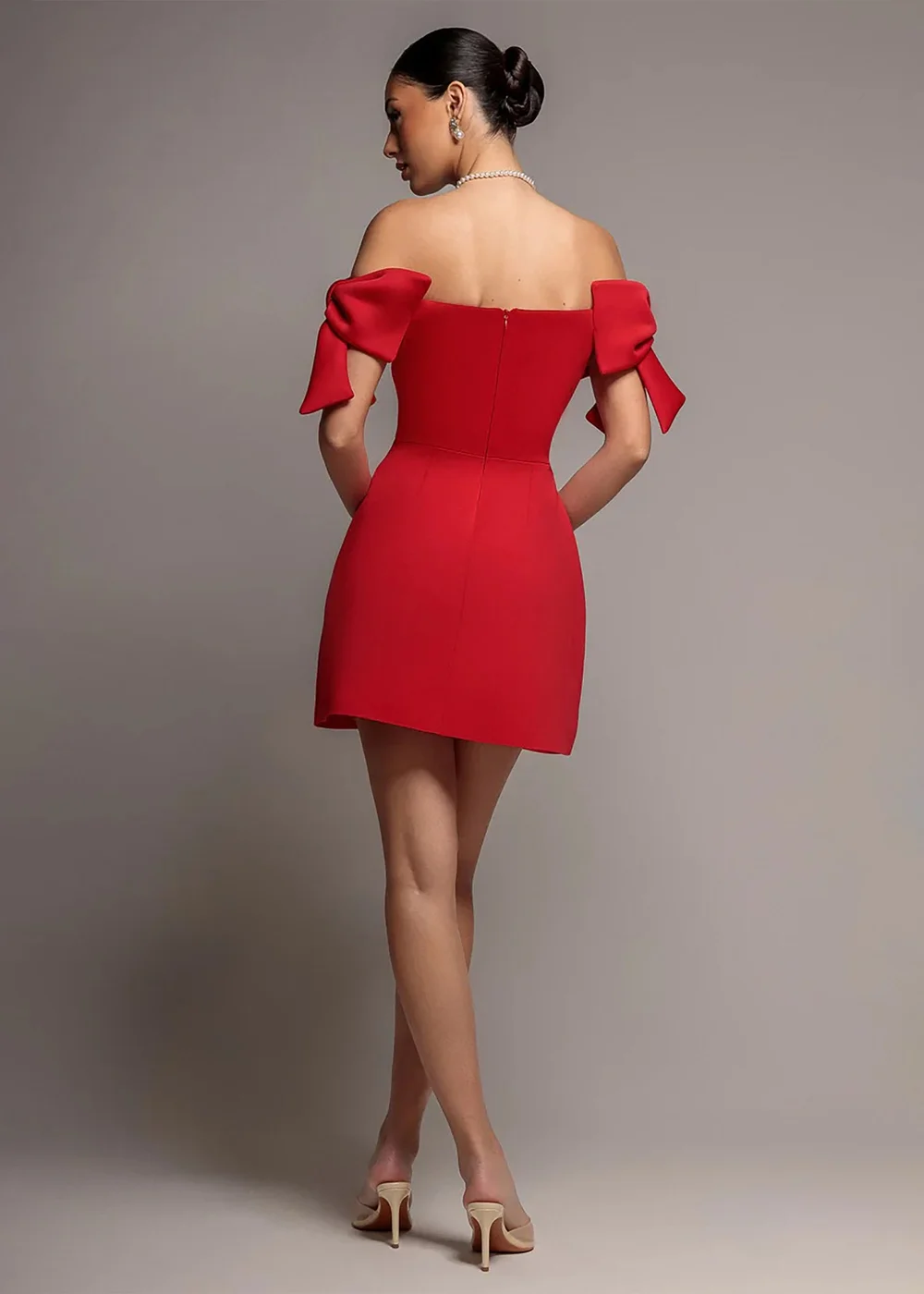 Goddiva Red Bardot Plunge Neck Bow Sleeve Skater Mini Dress - 16 Image 2