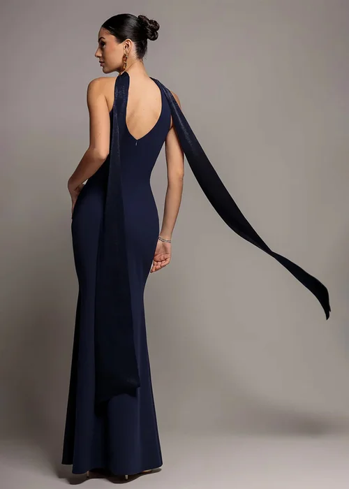 Goddiva Navy Blue Scuba & Velvet Satin Halterneck Maxi Dress With Back Sash - 10 Image 2