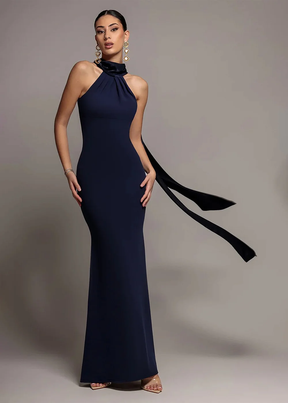 Goddiva Navy Blue Scuba & Velvet Satin Halterneck Maxi Dress With Back Sash - 10 Image 1
