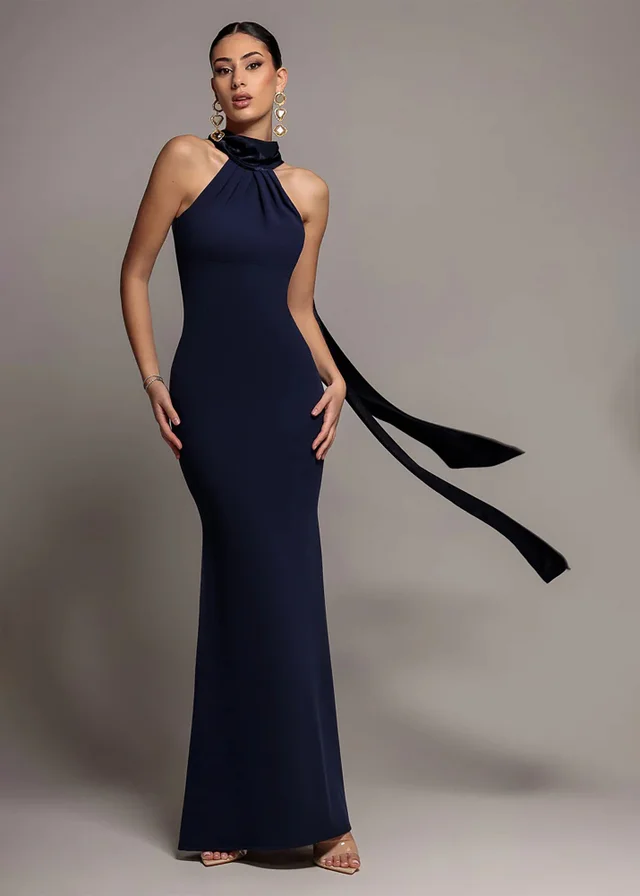 Goddiva Navy Blue Scuba & Velvet Satin Halterneck Maxi Dress With Back Sash