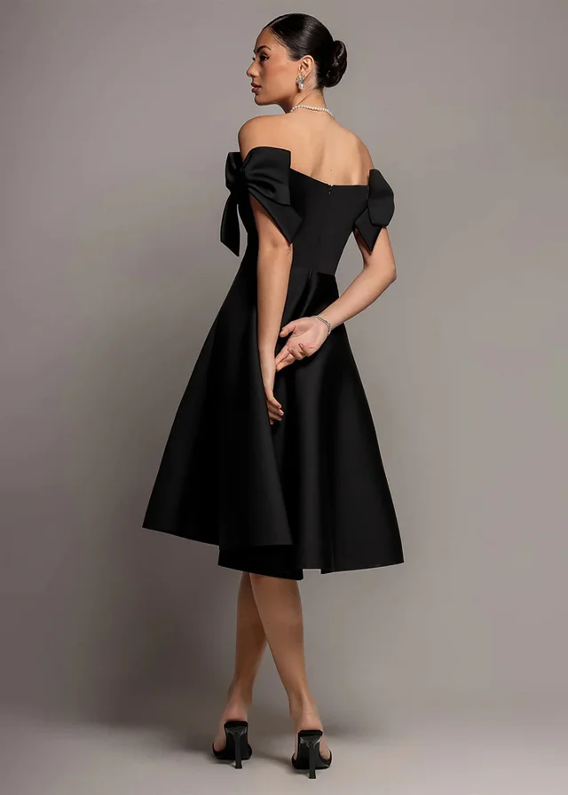 Goddiva Black Bardot Plunge Neck Bow Sleeve A Line Midi Dress