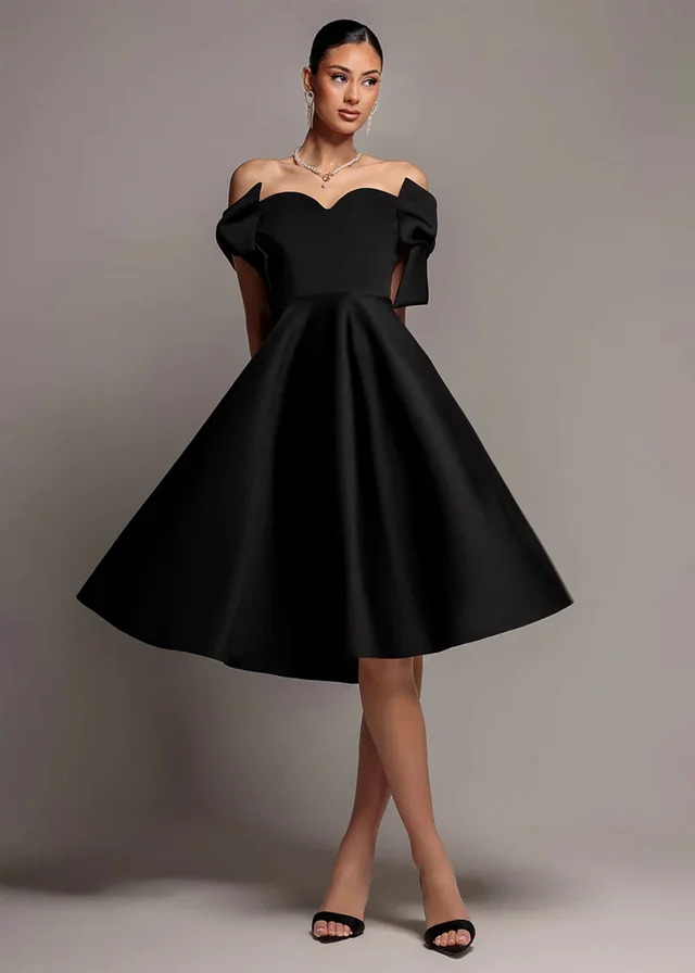 Goddiva Black Bardot Plunge Neck Bow Sleeve A Line Midi Dress