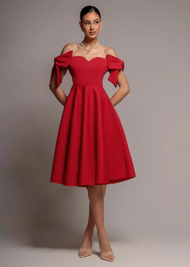 Goddiva Red Bardot Plunge Neck Bow Sleeve A Line Midi Dress