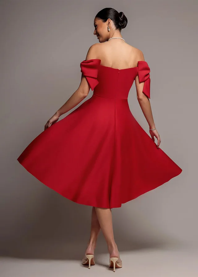 Goddiva Red Bardot Plunge Neck Bow Sleeve A Line Midi Dress
