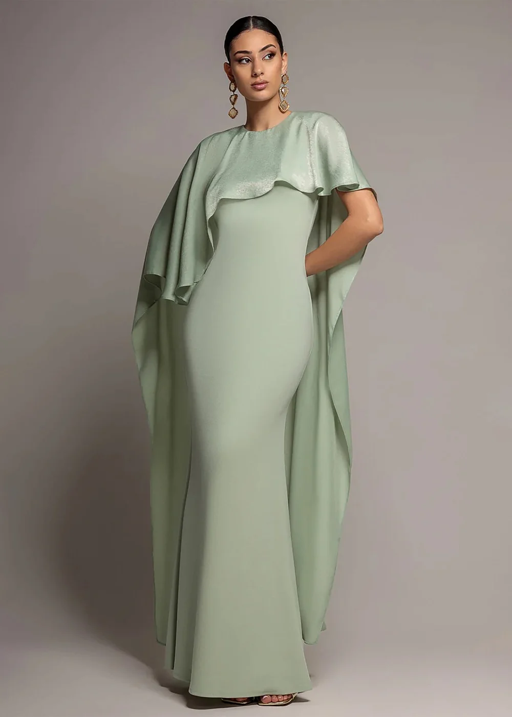 Goddiva Sage Green Scoop Neck Velvet Satin Cape Sleeve Maxi Dress - 12 Image 1