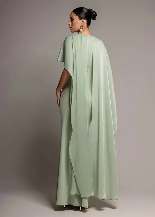 Goddiva Sage Green Scoop Neck Velvet Satin Cape Sleeve Maxi Dress - 12 Image 2