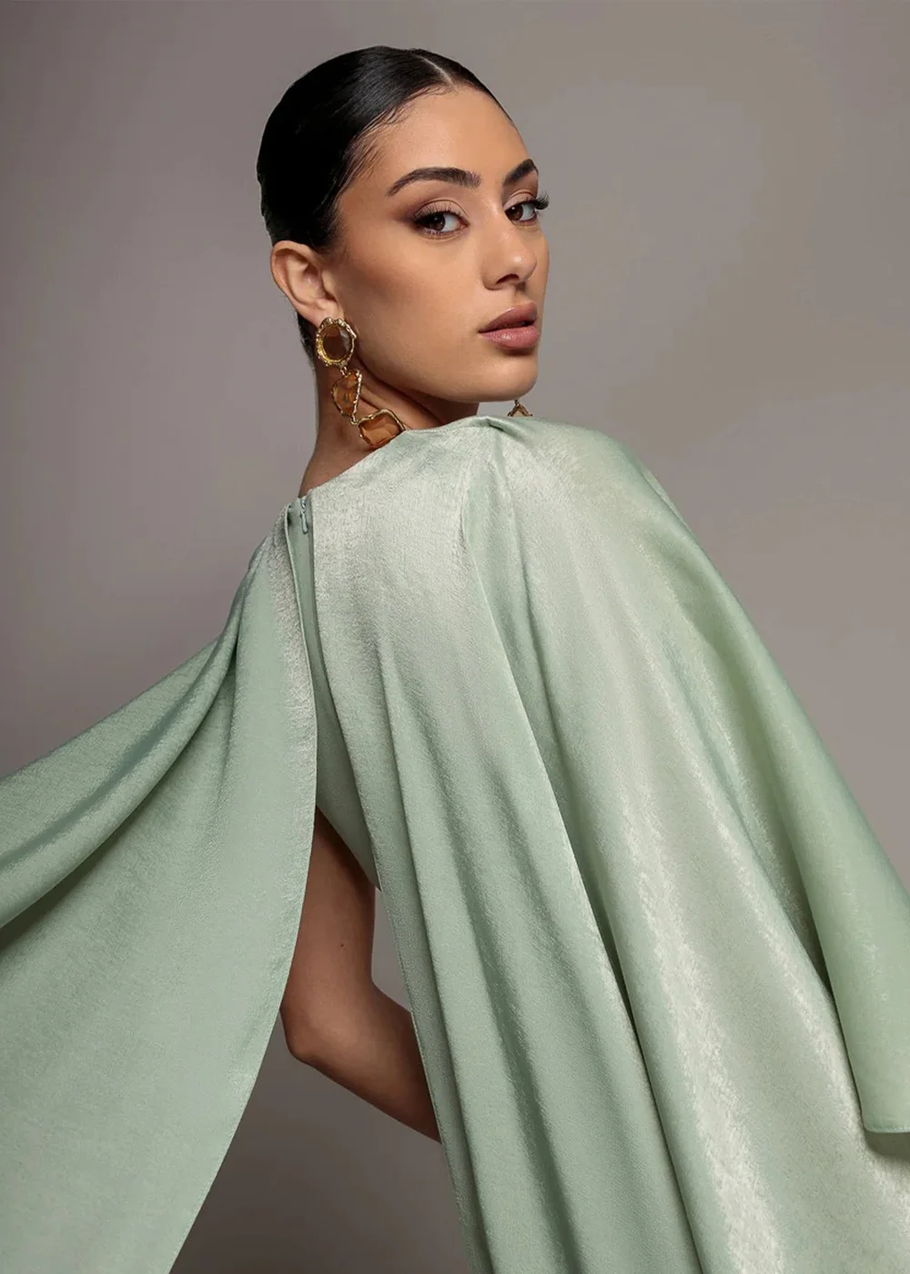Goddiva Sage Green Scoop Neck Velvet Satin Cape Sleeve Maxi Dress - 12 Image 3