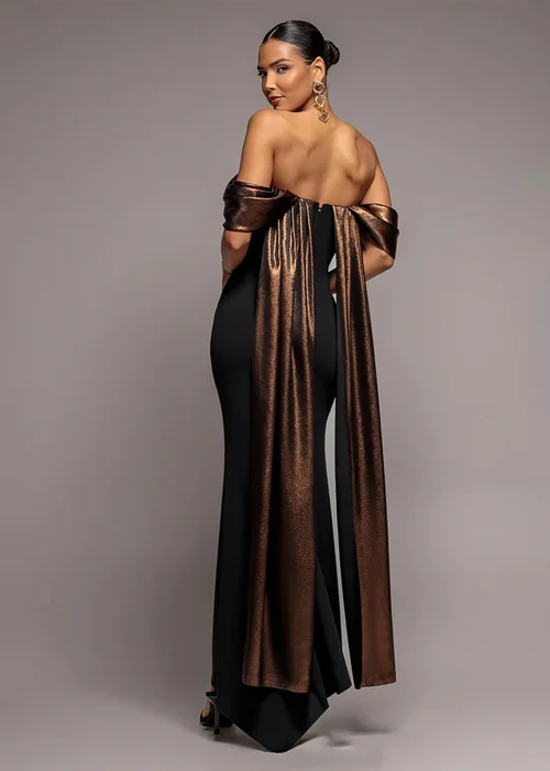 Goddiva Black Off The Shoulder Mirror Foil Angel Wing Cape Maxi Dress - 14 Image 2