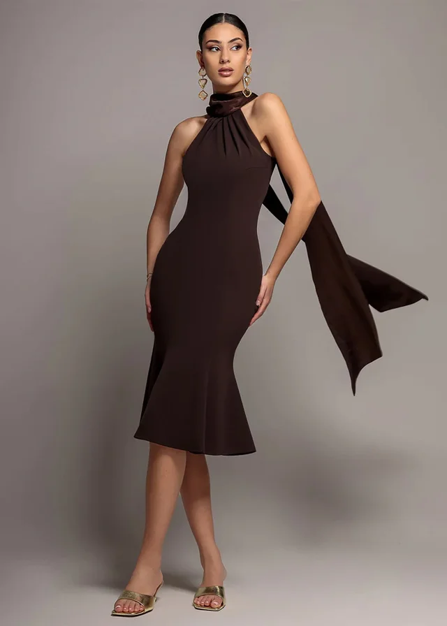 Goddiva Brown Scuba & Velvet Satin Halterneck Midi Dress With Back Sash