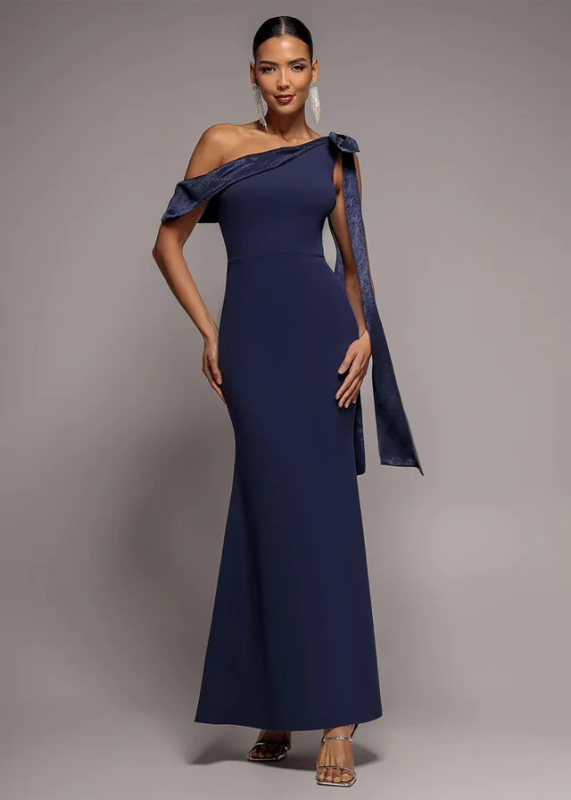 Goddiva Navy Blue One Shoulder Velvet Satin Bow Cape Maxi Dress