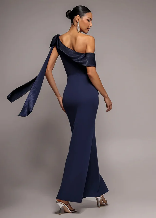 Goddiva Navy Blue One Shoulder Velvet Satin Bow Cape Maxi Dress