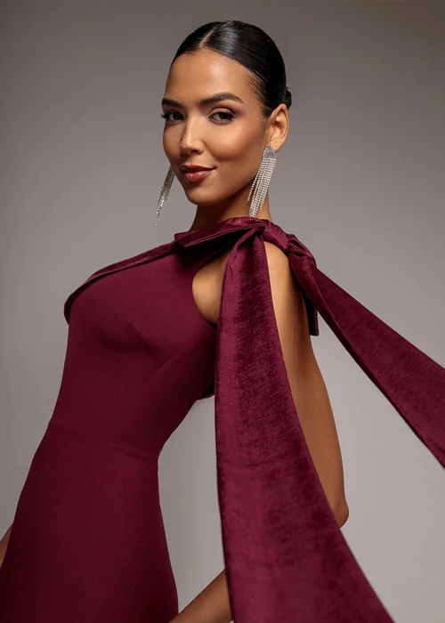 Goddiva Burgundy One Shoulder Velvet Satin Bow Cape Maxi Dress - 12 Image 3