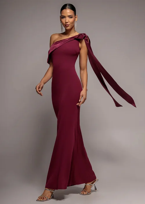 Goddiva Burgundy One Shoulder Velvet Satin Bow Cape Maxi Dress - 12 Image 1