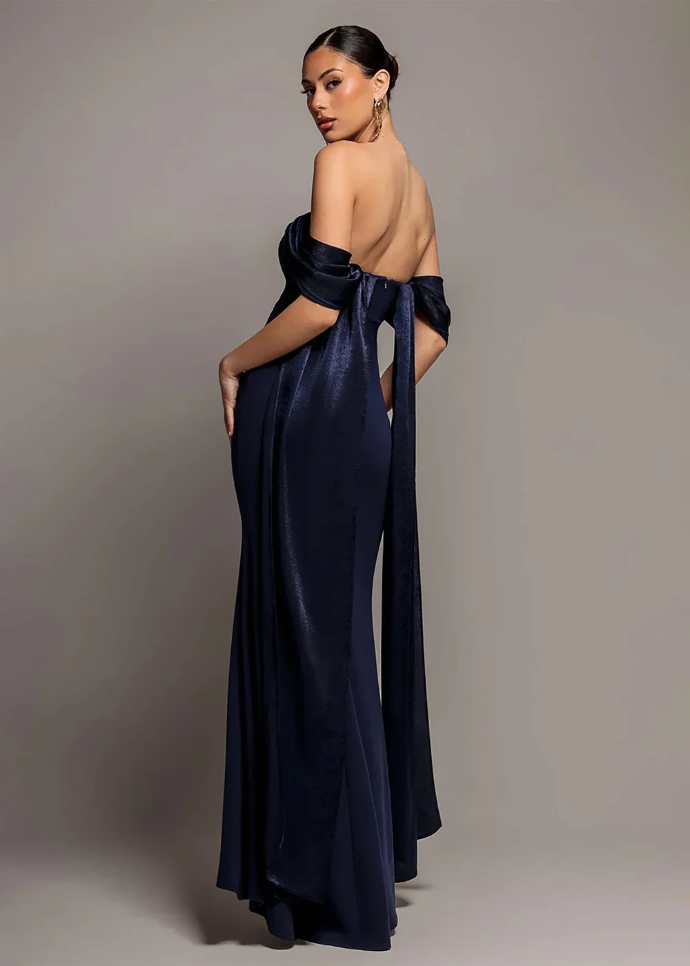 Goddiva Navy Blue Off Shoulder Velvet Satin Wing Cape Maxi Dress - 18 Image 2