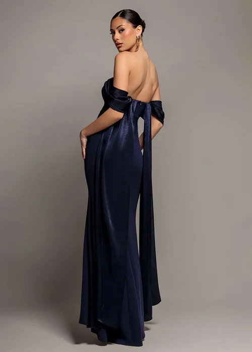Goddiva Navy Blue Off Shoulder Velvet Satin Wing Cape Maxi Dress - 18 Image 2