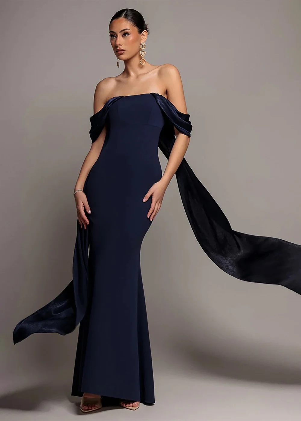 Goddiva Navy Blue Off Shoulder Velvet Satin Wing Cape Maxi Dress - 18 Image 1