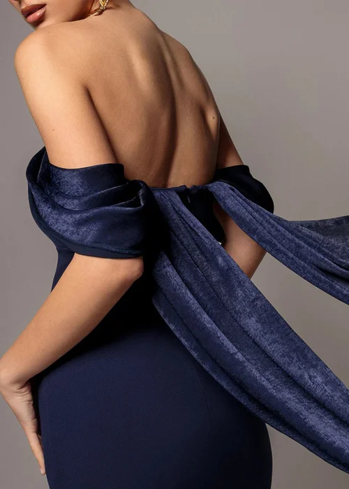 Goddiva Navy Blue Off Shoulder Velvet Satin Wing Cape Maxi Dress - 18 Image 4