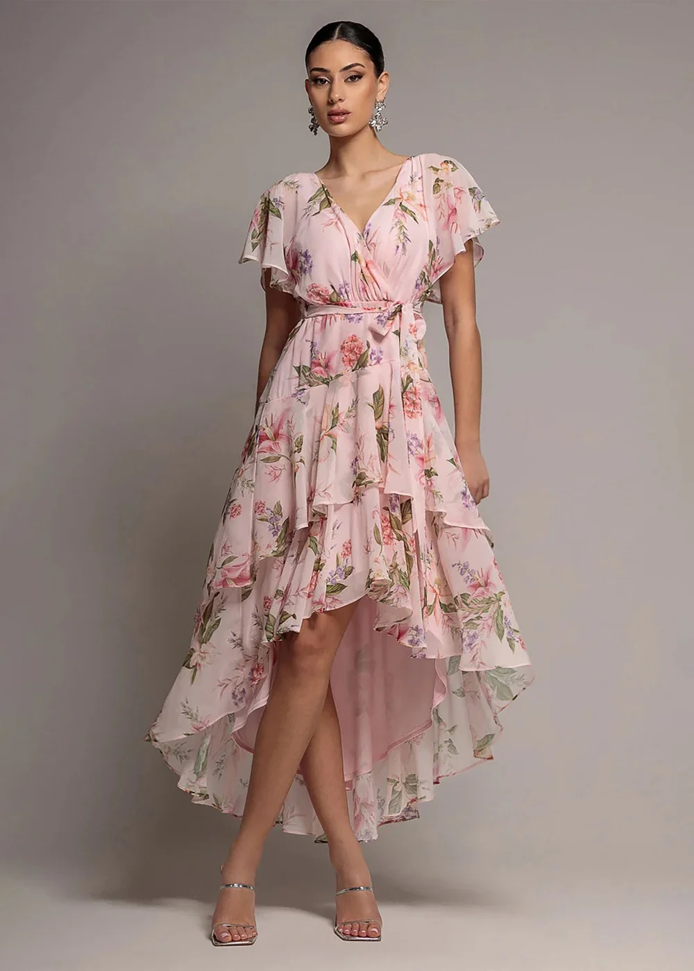 Goddiva Blush Pink Flutter Sleeve Chiffon Midaxi Wrap Dress - 10 Image 1