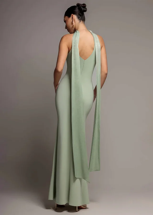 Goddiva Sage Green Scuba & Velvet Satin Halterneck Maxi Dress With Back Sash