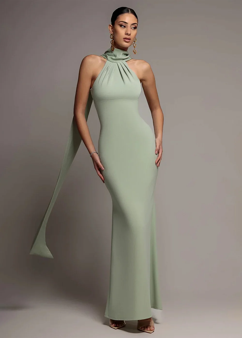 Goddiva Sage Green Scuba & Velvet Satin Halterneck Maxi Dress With Back Sash - 18 Image 1