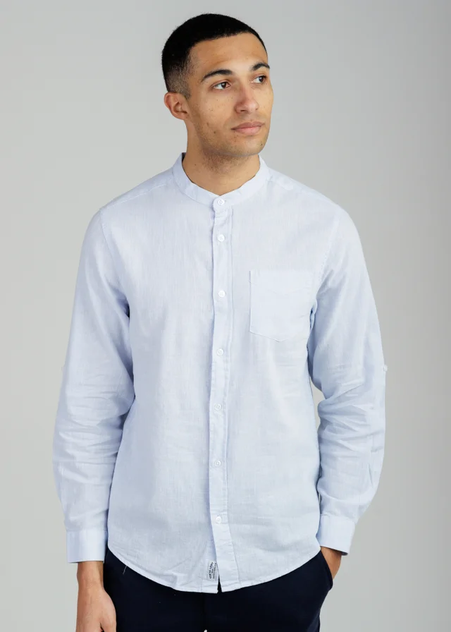 Tokyo Laundry Light Blue Linen Blend Long Sleeve Button-Up Shirt With Grandad Collar